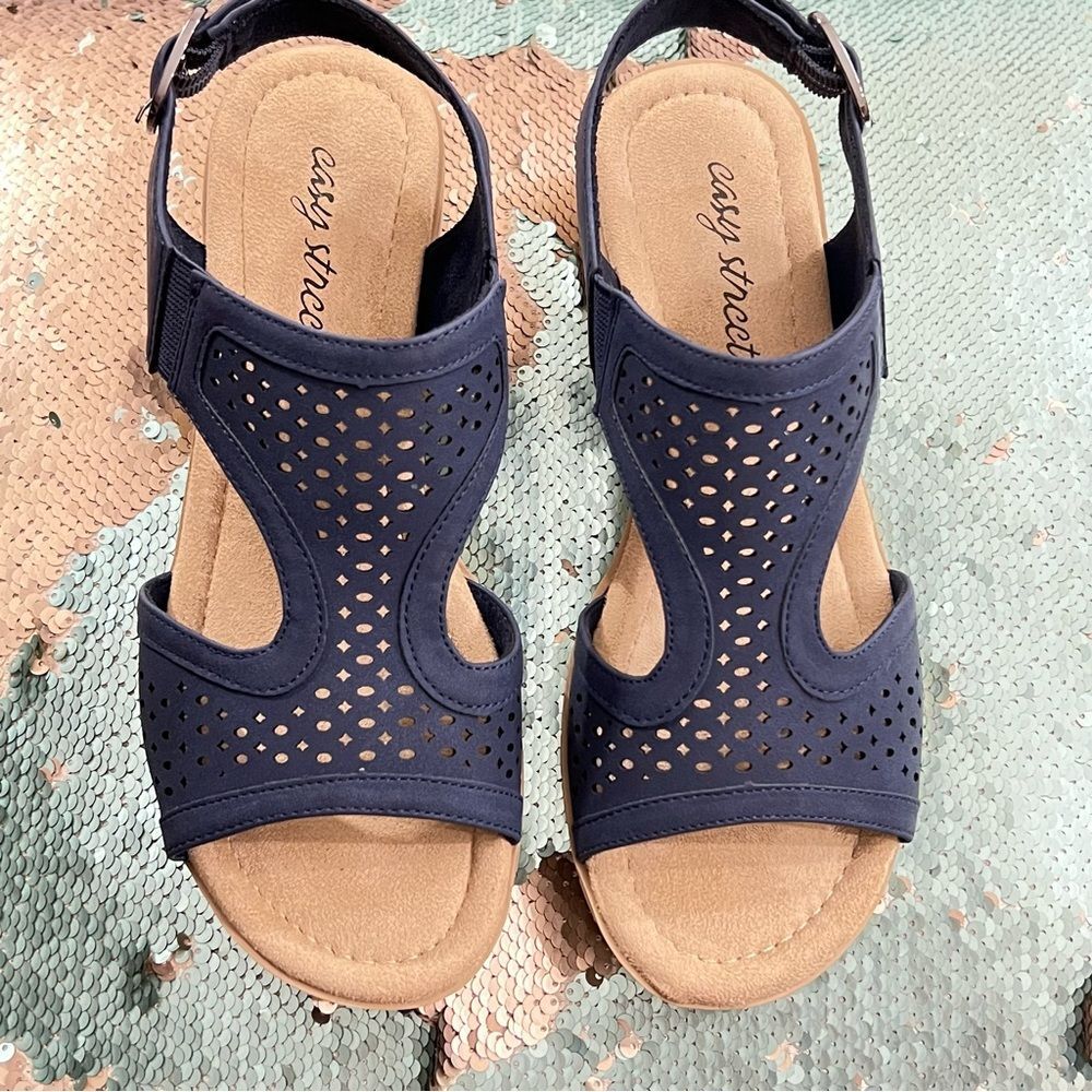 Easy Street Alba Navy slimback Comfort Low Wedge Sandals 31-8700 7W